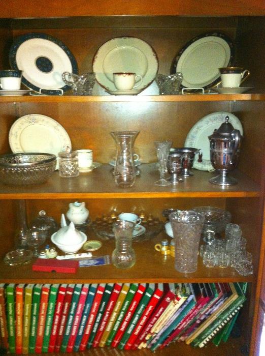 Assorted china, crystal, silver plate and silver.