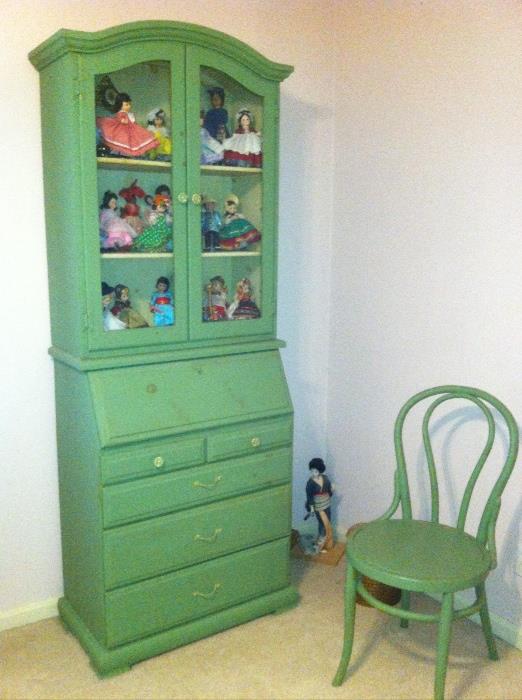 Vintage green painted secretary desk with hutch, bent wood chair.