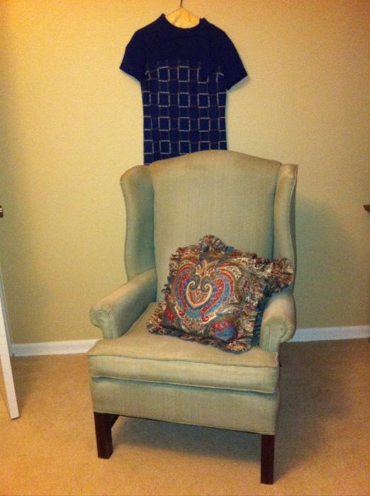 Vintage wingback chair, 1970s vintage dress.
