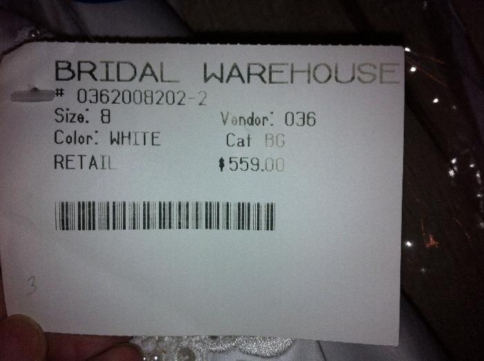 NEW, never worn wedding dress from Bridal Warehouse, retail $559.00.
