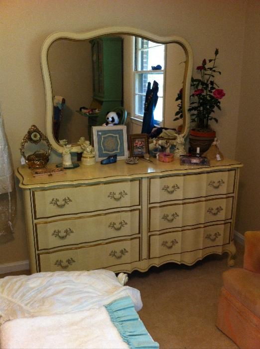 VIntage French Provincial bedroom group: full-size bed complete, double dresser with mirror and night stand.