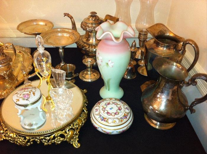 Lots of great silver plated ad sterling silver pieces, mirrored dresser stand, trinket boxes, hand-painted Fenton vase.