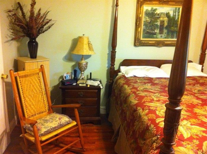 Mahogany queen size rice bed, oak rocker, cherry side table, Vincent in frame, pickled jewelry case, decorative lamps.