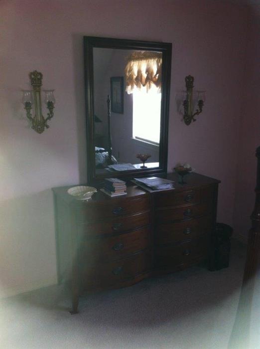 Solid Mahogany dresser, mirror, matching sconces