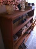 Large wooden book case, books, hard and soft backs