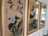 Trio of framed beautiful birds pictures with gold bamboo frames