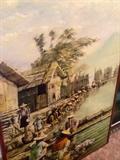Original large oil painting on canvas of Japanese fishing village signed by C. Hwa- beautiful!