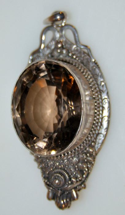 Sterling fancy cut large smoky quartz pendant/custom