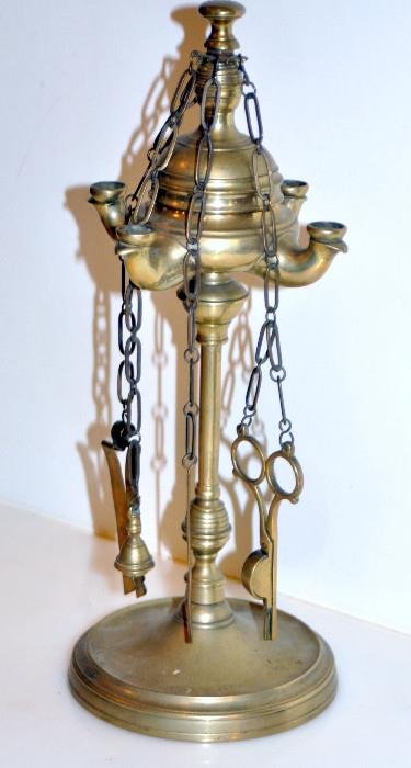 Brass whale oil lamp w/ original tools