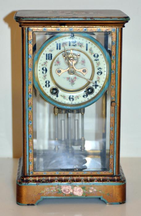 Crystal regulator hand painted enamel brass clock