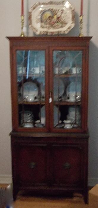 GREAT sized china cabinet from dining room suite (all priced separately) with intricate fretwork inserts;  nice large, octagonal Turkey platter for the holiday turkey! HUGE set of white china w/platinum type  banding - fills top and bottom of cabinet!