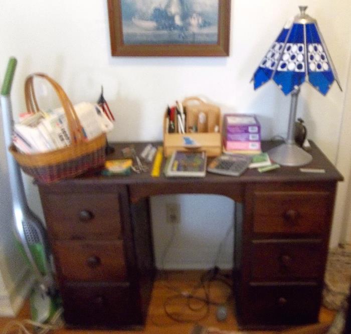Sturdy pine desk - great for home office; touch lamp & assorted office supplies.