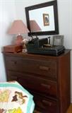 Useful 3 drawer chest and mirror; assorted quilts; vintage adding machine!