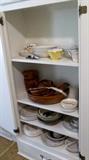 HUGE wooden salad set and assorted dinnerware.
