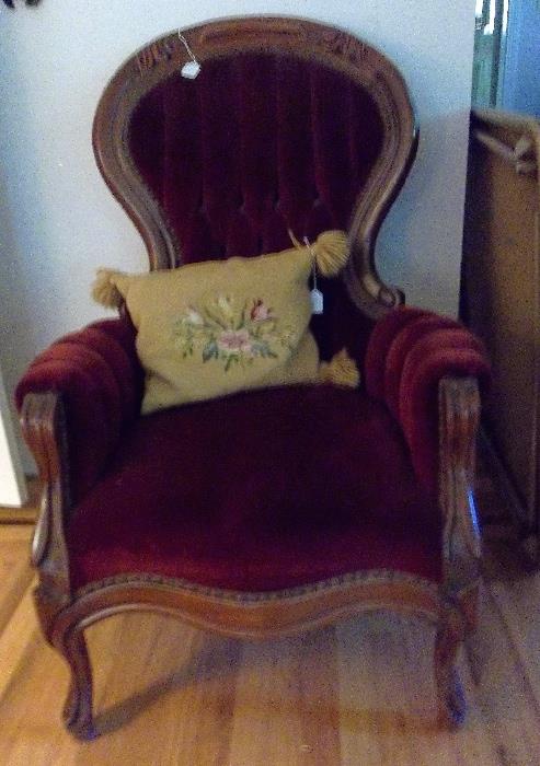 Excellent Victorian-style Gentleman's Chair covered in deep burgundy velvet - VERY FINE CONDITION!  (also, very comfortable!)  We seldom find these looking this great!