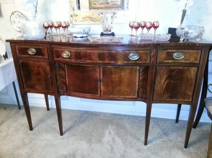  Vintage, Hepplewhite style, burled walnut/mahogany sideboard. Excellent condition. Original purchase price $4500.00.