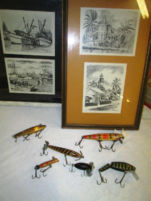 1960s floridian drawings & old fishing lures 