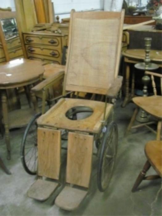 Antique Cane-Back Oak & Steel Wheelchair