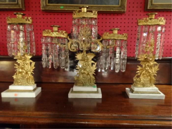 ANTIQUE VICTORIAN GILT BRONZE CANDELABRA WITH CRYSTAL DROPS, ON MARBLE BASE