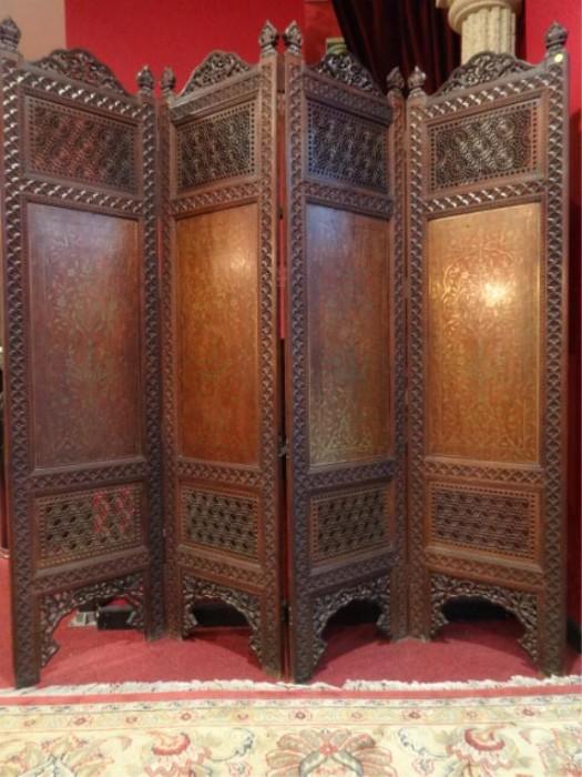 MOROCCAN FLOOR SCREEN WITH INTRICATE INLAID BRASS DESIGNS, FROM THE BARBARA HUTTON ESTATE