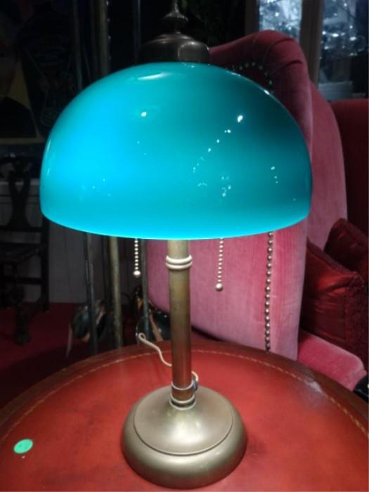 ANTIQUE BANKER'S LAMP, GREEN GLASS DOME SHADE