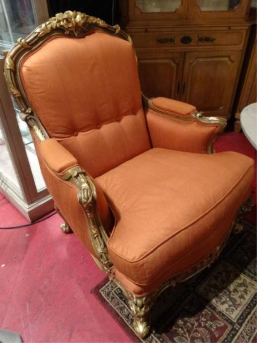 LOUIS XV STYLE ARMCHAIR WITH GOLD GILT CARVED FRAME