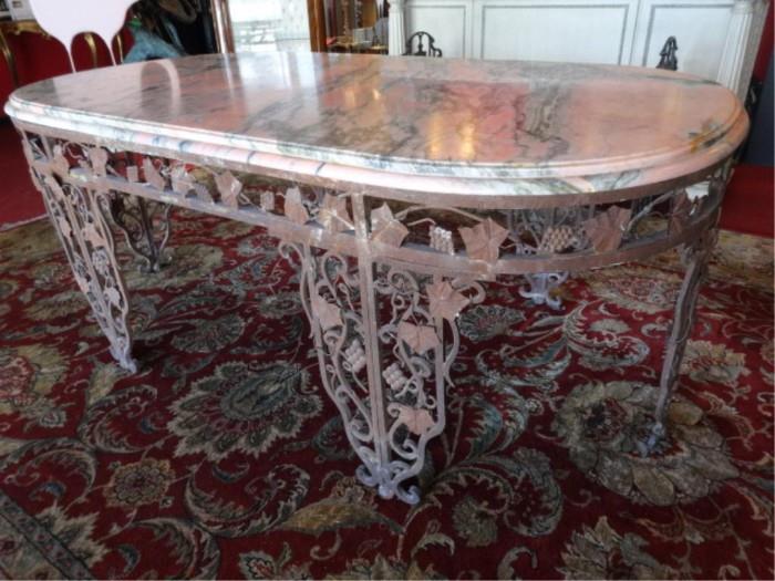 FABULOUS ITALIAN WROUGHT IRON TABLE WITH THICK BEVELED PINK MARBLE TOP