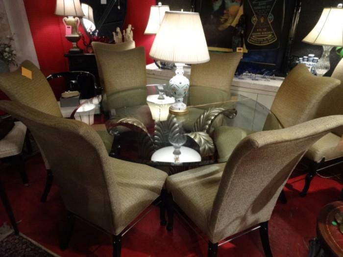 SPECTACULAR ACANTHUS LEAF DINING TABLE, 4 LEAVES SUPPORT ROUND GLASS TOP, COORDINATING 8 DINING CHAIRS SOLD SEPARATELY