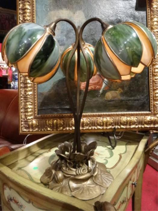 HANDEL STYLE LEADED GLASS WATER LILY LAMP, ART NOUVEAU STYLE METAL FRAME