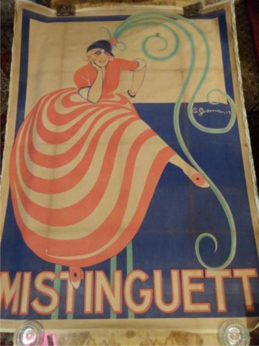 HUGE ANTIQUE FRENCH CABARET ADVERTISING POSTER FEATURING MISTINGUETT, THE FAMOUS FRENCH DANCER, OVER 5 FT HIGH! UNFRAMED
