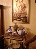 Russian porcelain tea pot, cups, and saucers. Electric samovar. Ship picture from Spain. Tea or drinks cart