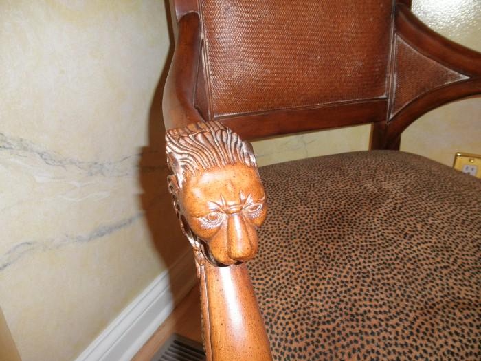 Thomasville leather seats arm chairs, carved arms