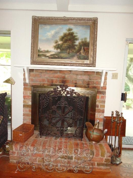Original artwork, fireplace screen and andirons.