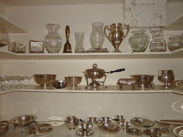 Silverplate and glassware items.  