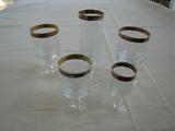 A-203 Vintage (fine)Venetian Crystal (Moser etched incised/gold rim) 5p. Service for 12 + (Pitcher & Decanteur)