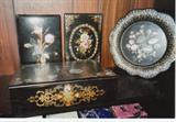 A-90 Antq.Victorian "PAPER MACHE/M.of PEARL"Articles: (2-Blotter Books 6x9h)+ (Handled Cakeplate 10"dia) (LAPDESK SOLD)