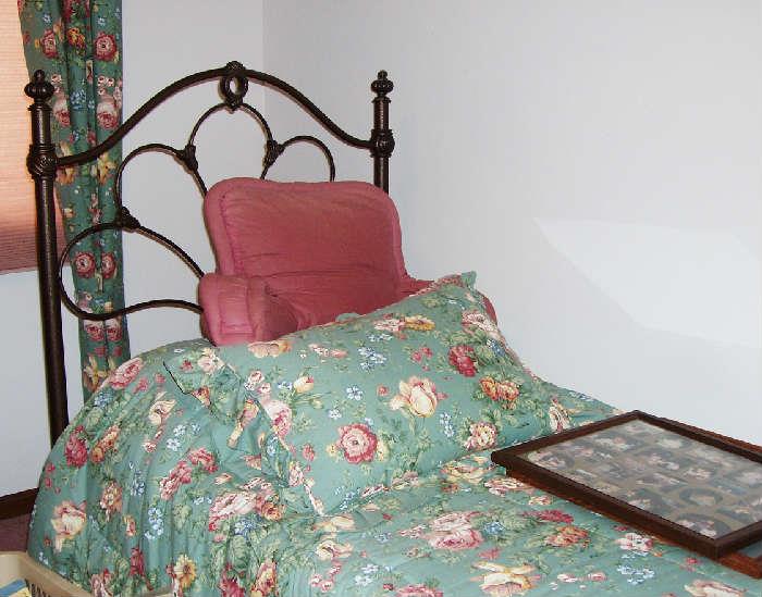 twin size bed with iron head and foot board, bedroom linen set sold seperate complete with drapes