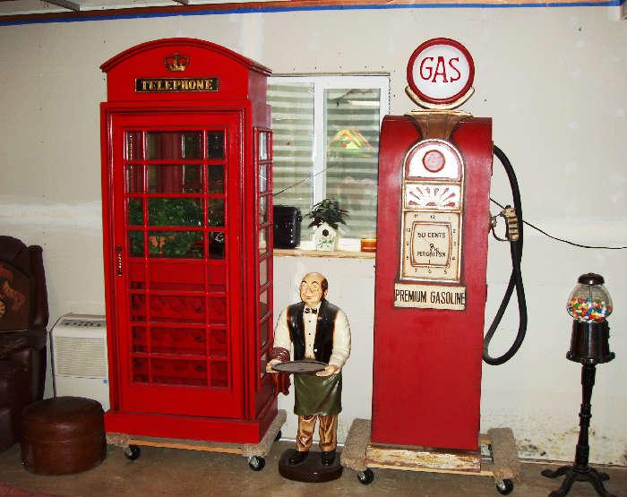 tall phone booth with wine rack on the bottom half also gas pump with inside storage, both light up. Butler server and gum ball machine