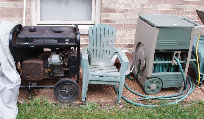 generator, stacking chairs, hose reel