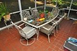 patio table and six chairs, plant stands