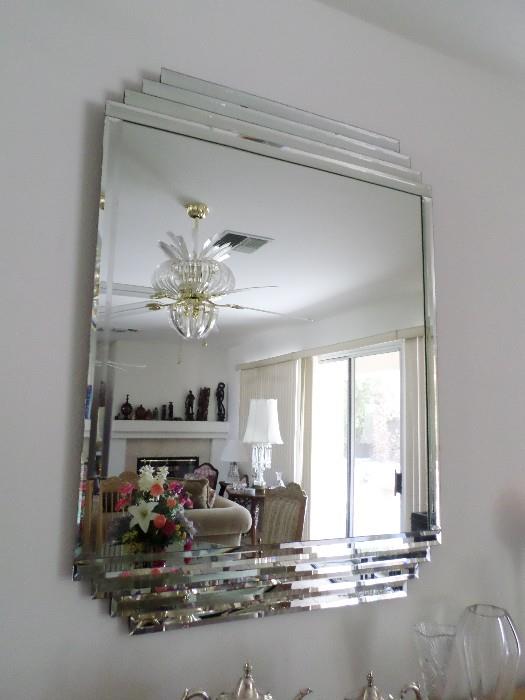 Large contemporary mirror, approx 30"/36", lucite/brass fan & light fixture with down light