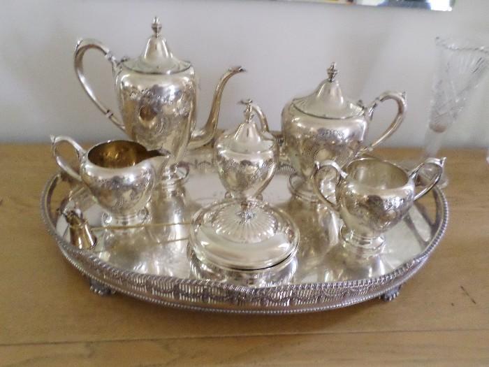 Rare Victorian Sterling silver 5 piece serving set  by F.B. Rogers Circa 1900 Hand Chased, footed serving tray not included in  set (it is not same maker & it is silverplate) 
