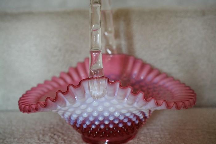 Beautiful cased cranberry hobnail basket with applied handles