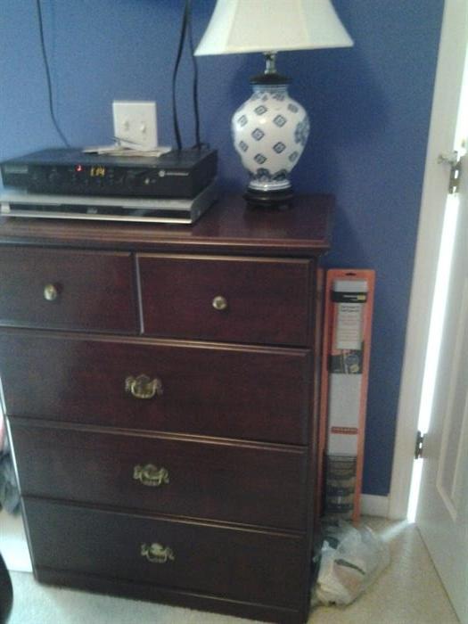 Dark cherry dresser, blue/white lamp