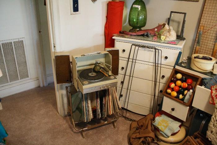 Record player on rolling cart, pool balls