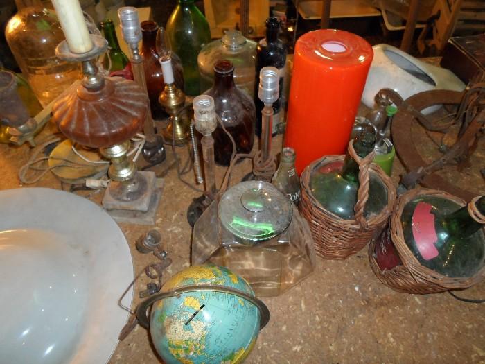 globe, lamps, glass bottles