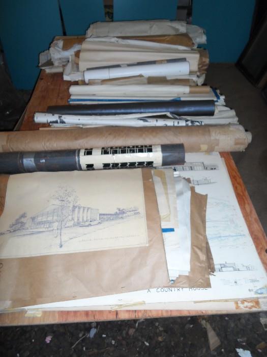 blue prints, architectual drawings, WWII era navigational maps