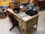 Vintage pine desk, antique rolling desk chair, old crate, office supplies
