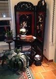 Vintage carved wood and shell pearl embossed Chinese 2 panel folding screen