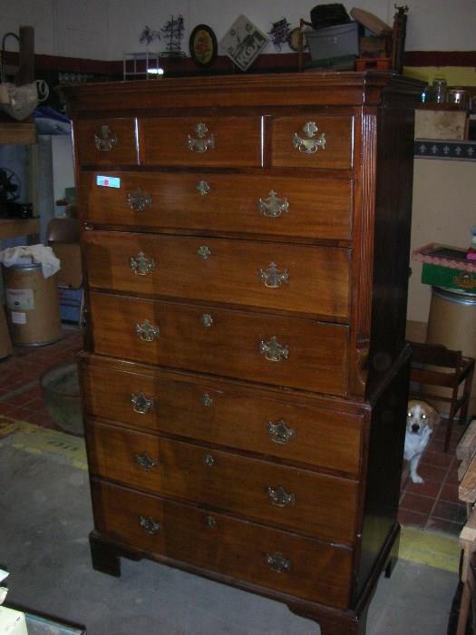 6+ FT HIGH, 2 PIECE CHEST ON CHEST, HAND CUT DOVE TAILS, OLD GREAT PIECE